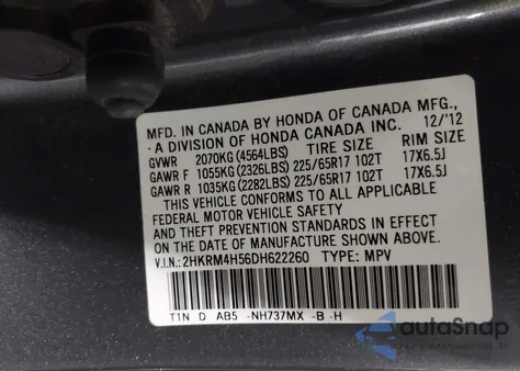 2013 Honda Cr-V Ex z USA, uszkodzony, nr VIN 2HKRM4H56DH622260